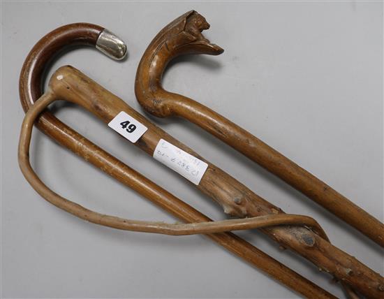 Three wooden canes including silver top